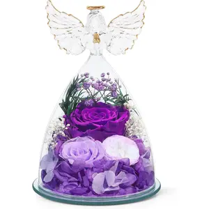 Gifts for Women Mom Christmas Preserved Rose Fresh Flowers for Delivery Birthday Gifts for Grandma Mother Wife Friends Forever Flower Eternal Purple Roses in Glass Angel Figurines