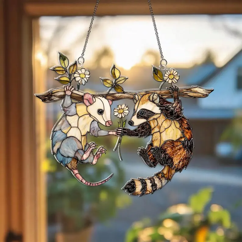 Opossum and Raccoon Acrylic Suncatcher, Animal Window Hanging, Funny Opossum Suncatcher, Raccoon Lover Gift