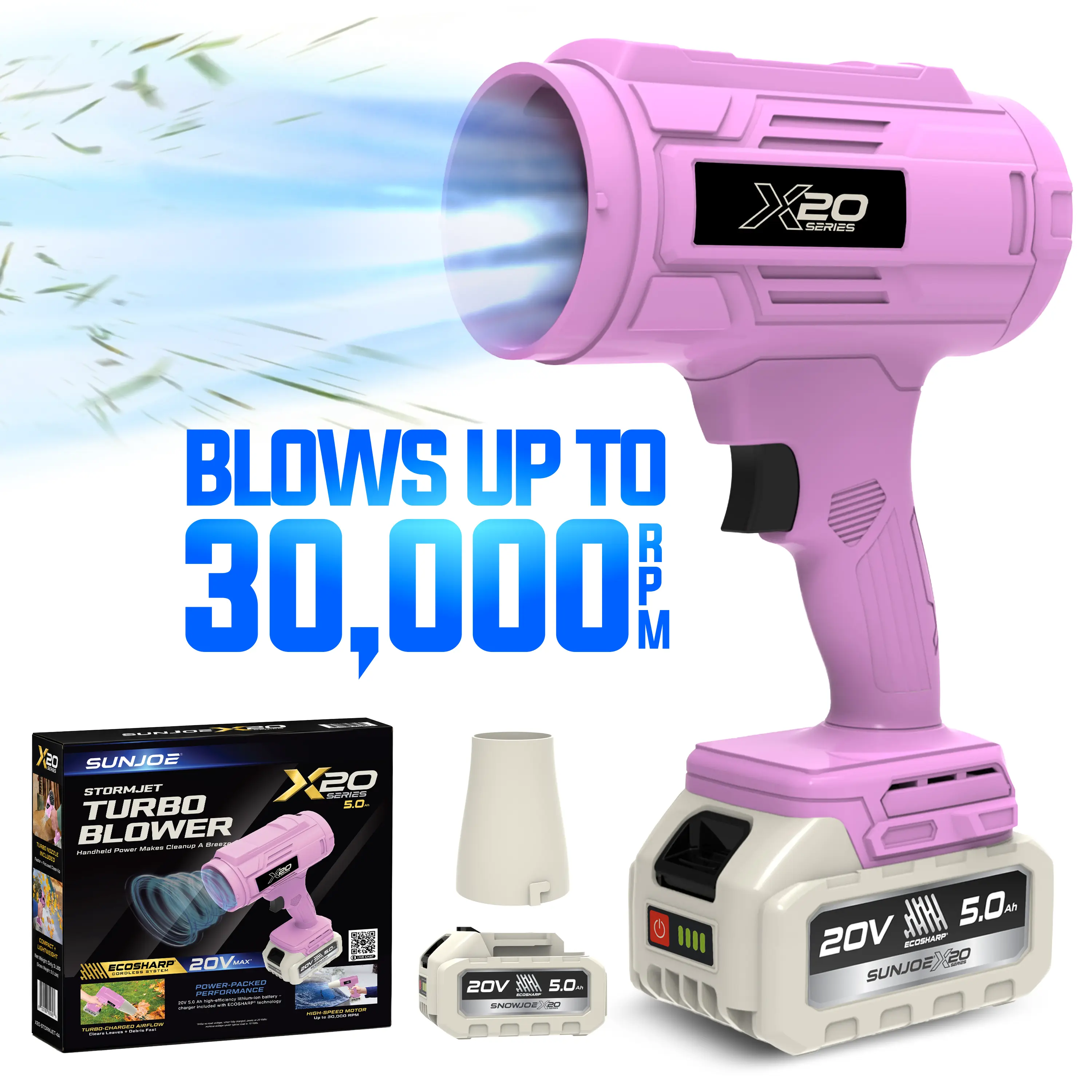 Sun Joe Storm Jet Blower, 30,000-RPM Leaf Blower, Violent Turbo Fan, 5000mAH Boost Power, Car, Drying After Wash, Air Duster, Home Improvement