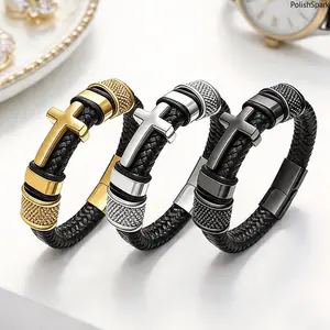 Vintage Cross Braided Leather Bracelet, Stainless Steel Magnetic Clasp Wristband, Religious Christian Jewelry Birthday Gift For Men Husband Dad summervibes