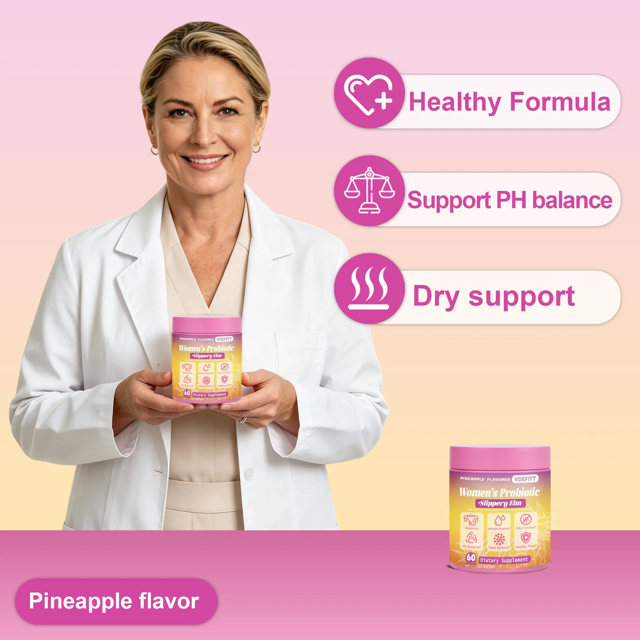 Women’s Probiotic Gummies for Feminine Wellness | Lactobacillus & Prebiotic Blend with Slippery Elm | Supports pH Balance, Gut Health, Freshness & Overall Wellness | Pineapple Gummies 60 Count