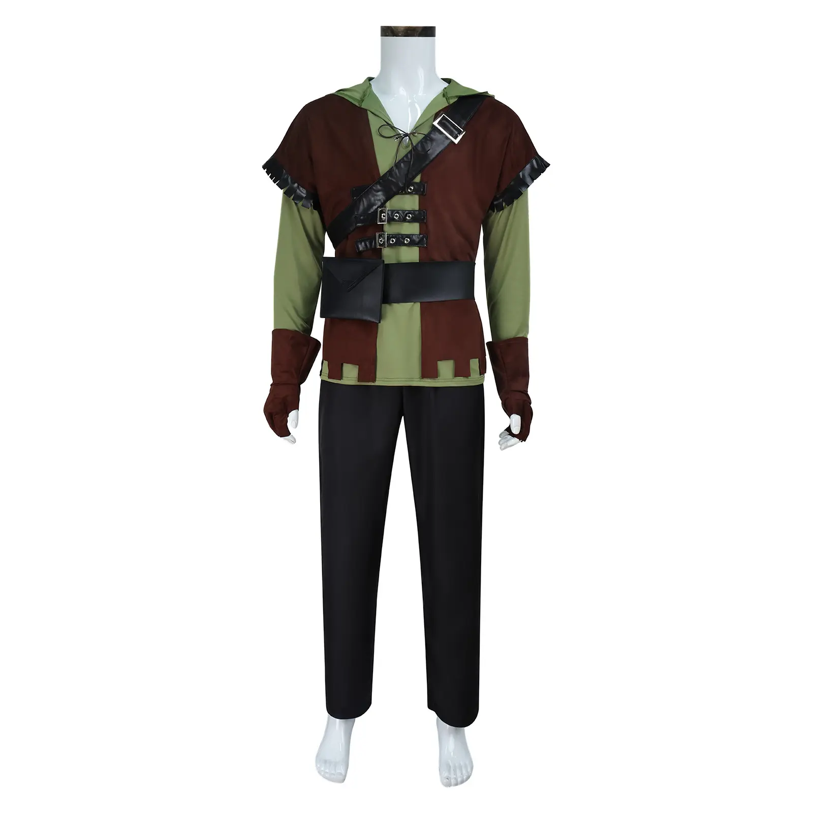 Green Hooded Archer Medieval Cosplay Costume Set with Vest Pants Gloves Belt for Comic Con