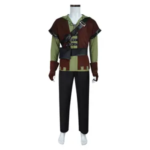 Green Hooded Archer Medieval Cosplay Costume Set with Vest Pants Gloves Belt for Comic Con