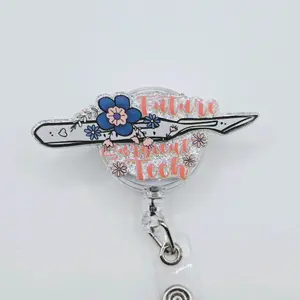 Future Surgical Tech Floral Scalpel Glitter Acrylic Retractable Badge ID Reel Belt or Alligator Clip reels