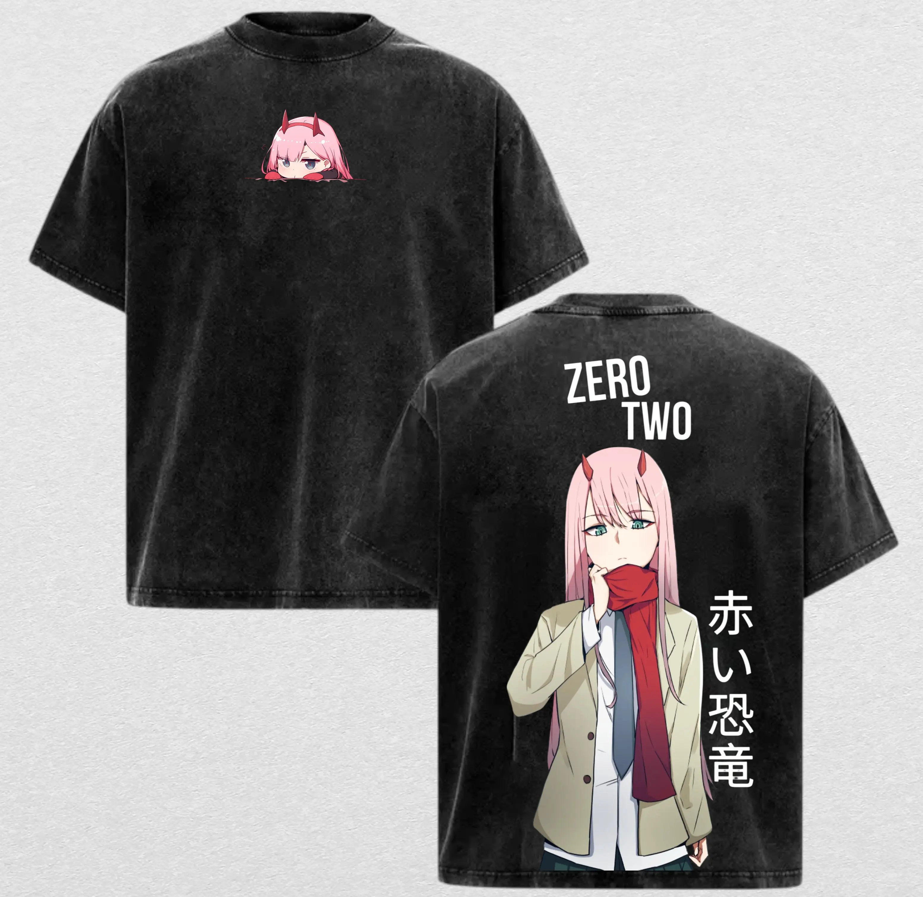 Zero Two Washed Oversized T-Shirt, Darling in the Franxx Anime Graphic Tee, Double Printed Heavy Cotton Streetwear Shirt