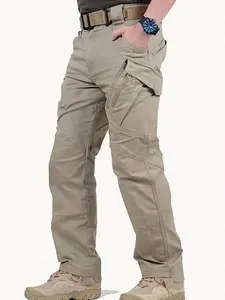 Men's tactical work pants, multi-pocket design, wear-resistant and scratch-resistant, loose mid-waist, with elastic waistband, comfortable in all seasons, very suitable for outdoor work and hiking in spring and autumn Khaki Menswear