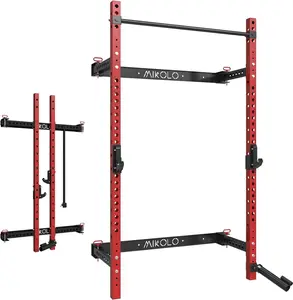 2.36" x 2.36" Folding Wall Mounted Squat Rack, 1000 lbs Capacity Power Rack with Pull Up Bar, J Hooks, Landmine, and Attachments for Home Gym Adjustable Workout Equipment Exercise Machine