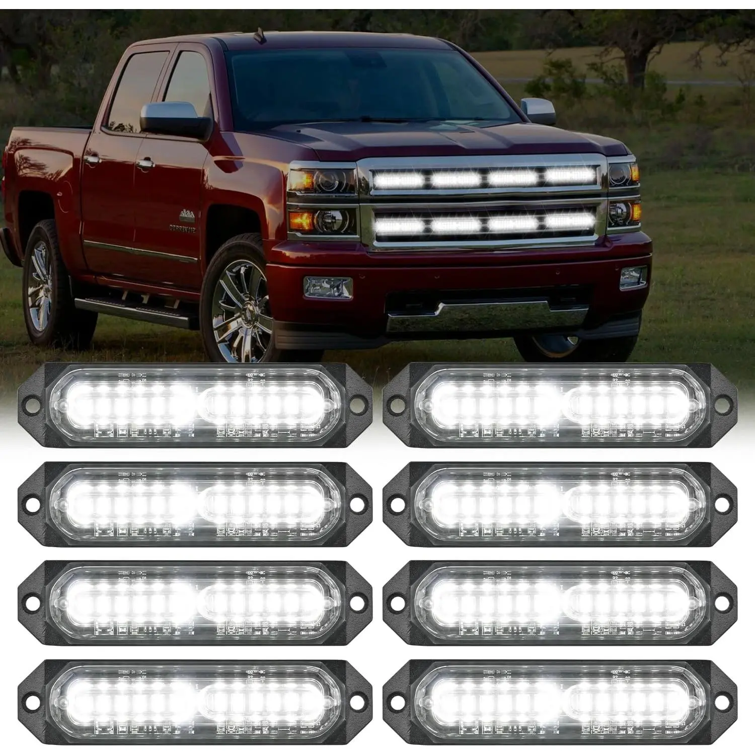 Nilight Strobe Light Kit - 8PCS 12LED White 12V-24V Ultra Slim Profile High Vis Surface-Mount Mini Grille Flasher with Sync, Steady On for Cars, Trucks, Rainy & Foggy Conditions