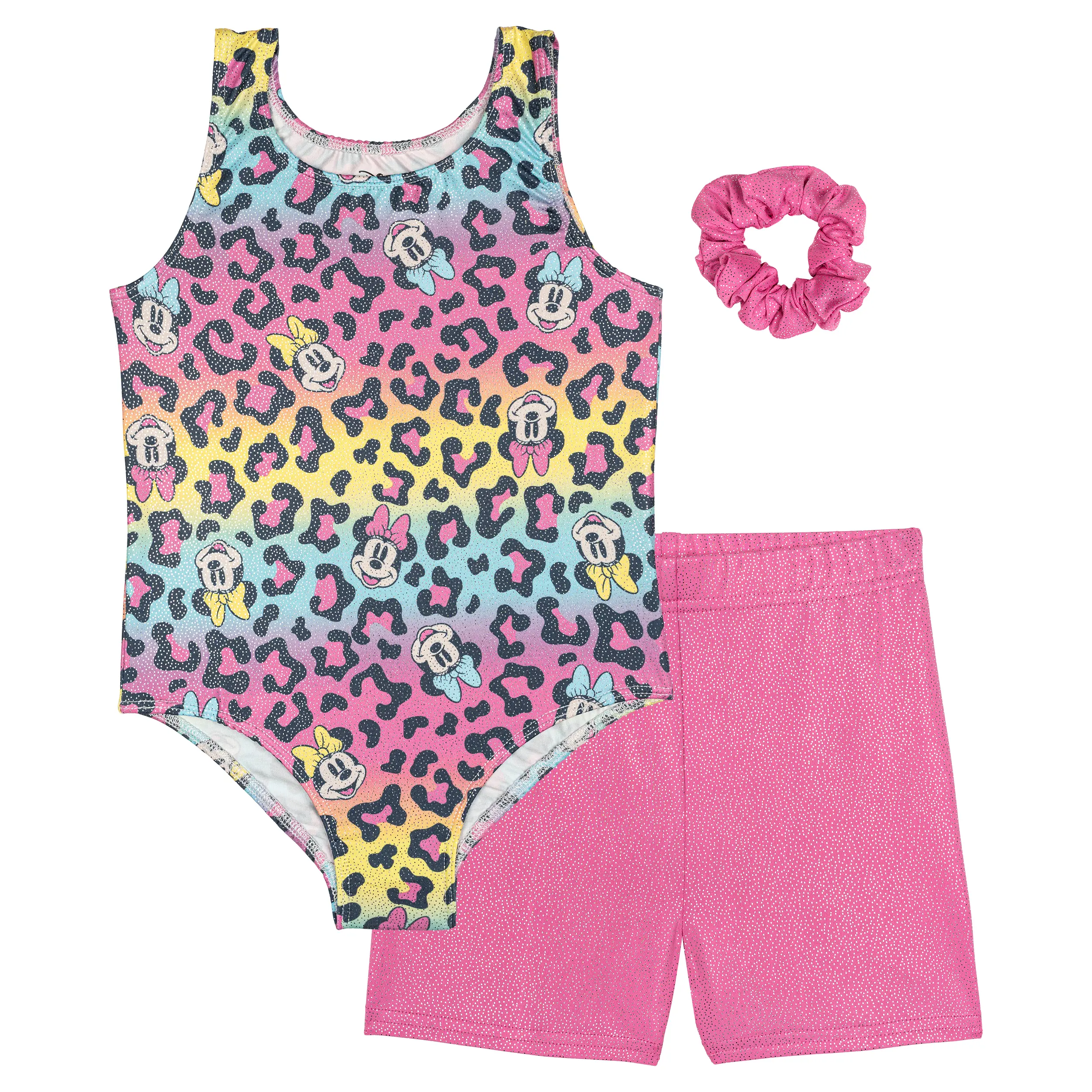 Disney Girls' Minnie Mouse 3-Piece Gymnastics Outfit, 4-way stretch Bodysuit with Ombre Leopard Print & Metallic Foil, for Toddler 3 - 4 years, Athletic, Female, 2T, 3T