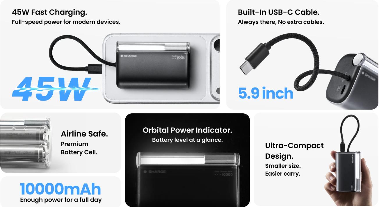 SHARGE Mini Portable Charger 45W 10000mAh Power Bank, Fast Charging Battery Pack with Built-in USB-C Cable, Compact Portable Phone Charger Travel Essentials Powerbank for iPhone 17/16