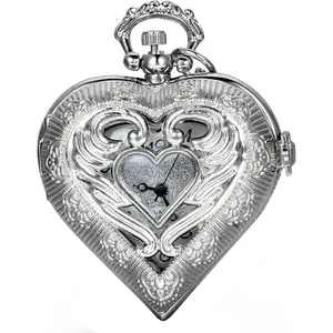 Tone Heart Locket Style Pendant Pocket Watch Necklace for Girls Lady Women with 30-inch Chain