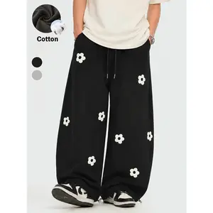 TELLFUN Men's Baggy Barrel Sweatpants - Floral Embroidery, Elastic Waist with Drawstring, Loose Fit Vintage Y2K Streetwear Casual Joggers, Baggy Sweatpants