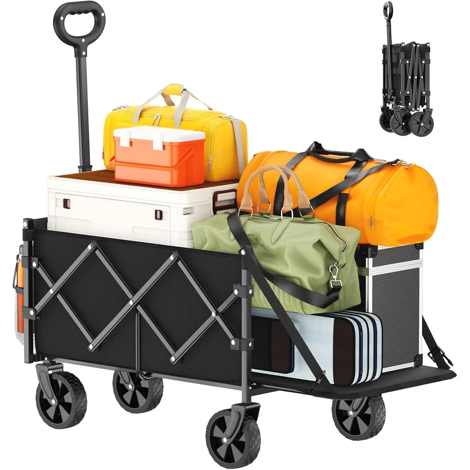 Heavy-Duty Foldable Multi-Functional Trolley with Extended Tailgate - Large Capacity Shopping Cart for Shopping, Groceries, Sports - Black (for Adults, Apartments), Outdoors