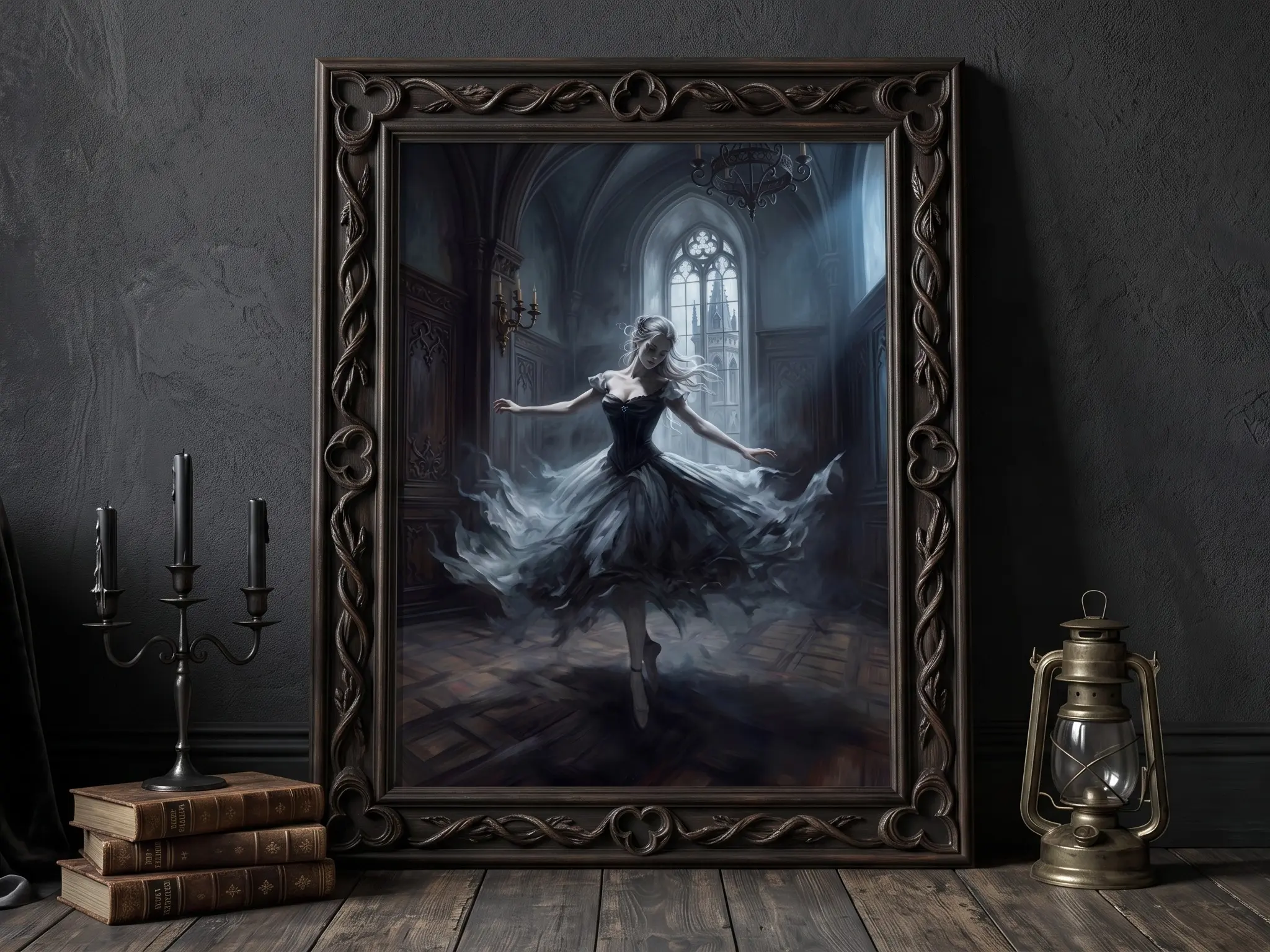 Ghost Dancer Unframed Poster, Gothic Ballerina Wall Art, Dark Academia Phantom Print, Vintage Moody Castle Decor, Premium Hybrid Paper for Bedroom
