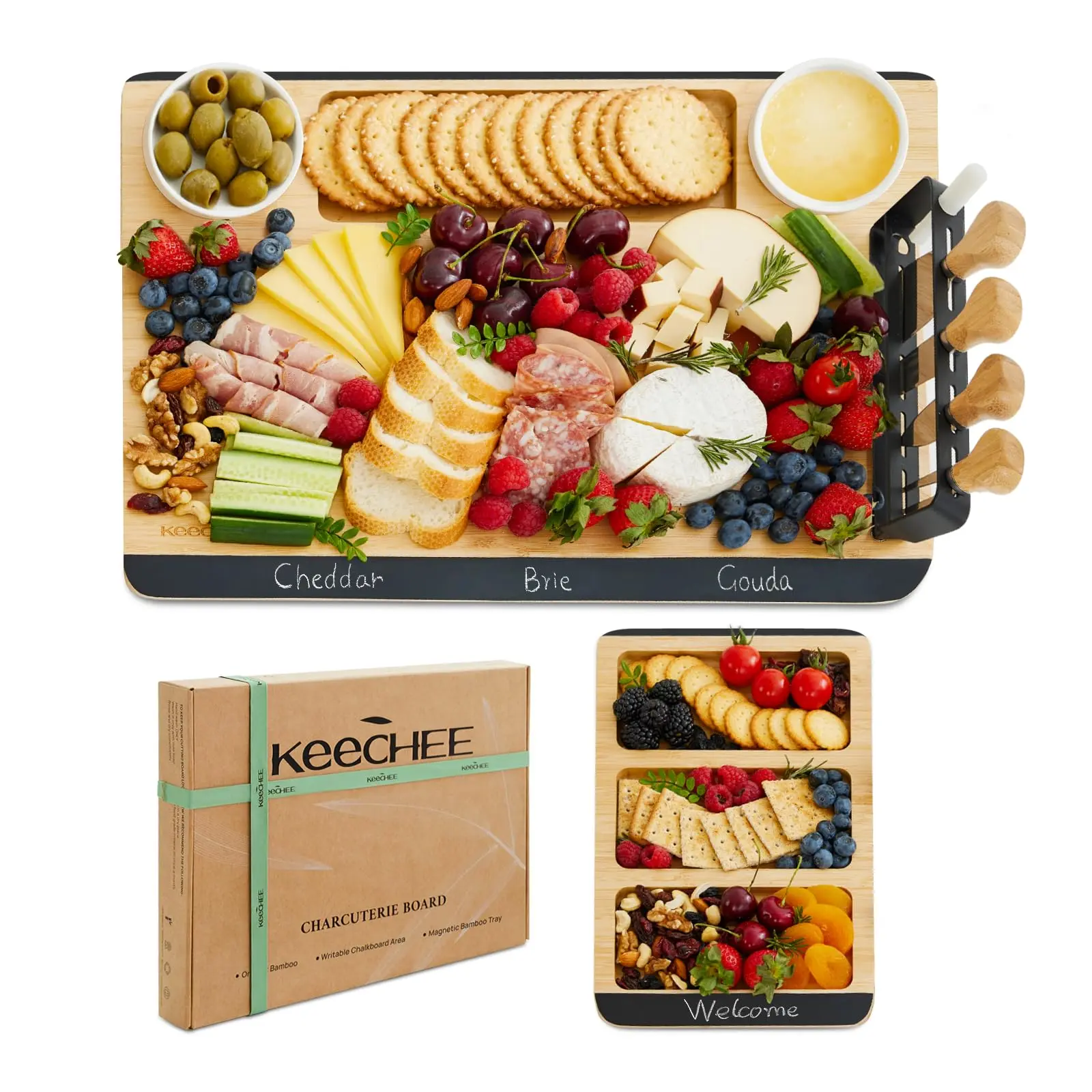 Keechee Elegant Sustainable Bamboo Charcuterie Board w/ Chalkboard Edge | Versatile Functional Entertaining Fruits & Meats | Welcoming Home Hosting