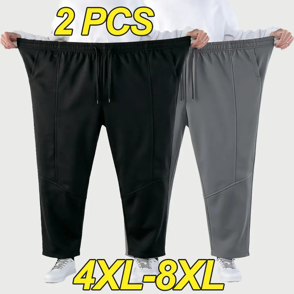 4XL–8XL Men’s Plus Size Loose Casual Pants, two styles available: cuffed/jogger fit with straight cut and flat waistband; drawstring elastic waist; comfortable, breathable oversized fit suitable for outdoor activities, commuting, and casual wear.
