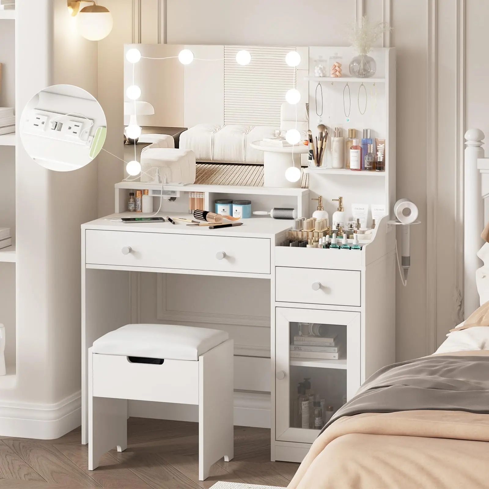 [Summergarden] Vabches Vanity with Mirror and Lights, Makeup Vanity Table with Charging Station, Cute Vanity Set with Comfortable Bench, Big Vanity with 3 Storage Compartments, Led Vanity Dresser, Lighted Vanity Desk