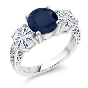 4.06 Cttw Blue Sapphire and White Moissanite Engagement Ring For Women | 925 Sterling Silver | Round 8MM | Gemstone September Birthstone