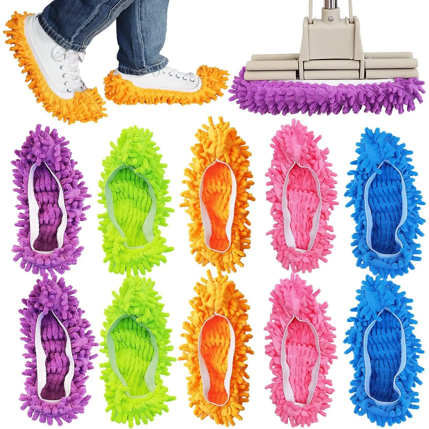 10 Pcs Shoes Cover Dust Duster  Washable Mop Slippers for Floor Cleaning Reusable Microfiber Mops House Office Bathroom Kitchen (5Pairs)