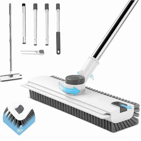 3-in-1 360-Swivel Bathtub Floor Scrub Brush with Squeegee, Long Adjustable Pole, Tough Stiff Bristles for Camp Kitchen, Bathroom, Patio Cleaning Tools (White&Grey)