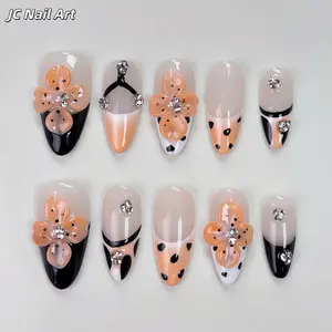 JC Press On Nail Kit, T58 Powder-Cast Lily Design, 5D Relief Effect, 3D Trendy Japanese-Style, Large Petal-Shaped Dark Red Acrylic Almond-Shaped Easy-Removal Nail Art Decorations
