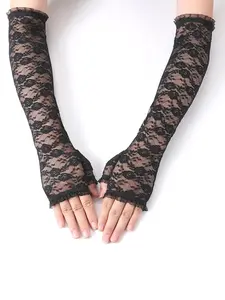 Lace Mesh Breathable Half-Finger Gloves, Ethnic Style Medium-Length Gloves, Fashionable and Comfortable Handwear for Daily Use, Floral Gloves