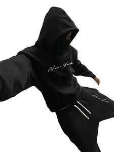 Men's Black Hoodie and Pants Set with New York Print American Street Style Suits Long Sleeve Casual Menswear