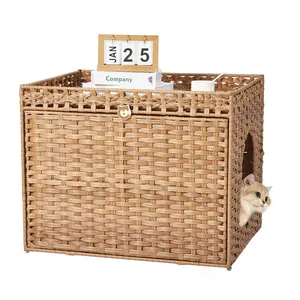 Handwoven Rattan Cat Litter Box Enclosure Cabinet - Large Indoor Litter Washroom Furniture with Mat & Fence - Elegant Hidden Cat Solution for Living Room or Apartment