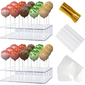 2 Pack Cake Pop Stand with Sticks Kit, Acrylic Lollipop Hold Stand, Clear Cake Pop Display Holder, 15 Holes Candy Pop Holder with 100 Pcs Sticks, 100 Pcs Clear Wrappers, 100 Pcs Gold Twist Ties