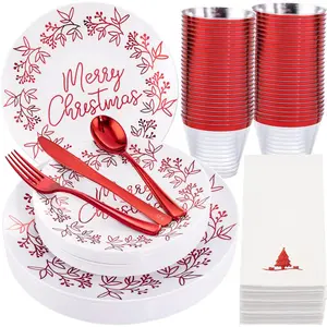 175-Piece Christmas Plastic Tableware Set - Red and white plastic dinner plates with red garlands, includes: 25 dinner plates, 25 salad plates, 25 knives, 25 forks, 25 spoons, 25 cups, 25 napkins, specially designed for Christmas parties.