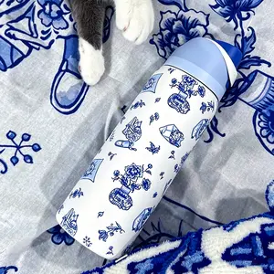 OW(UO x Delft Cat Collaboration) Double-drink Insulated Stainless Steel Outdoor Sports/travel Water Bottle, 32oz/945ml Water Cup With Lock Cap Suitable For Cycling, Car, Camping And Traveling, Bottle Drinkware Flask Tumbler Bottled Portable