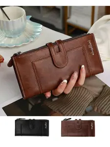 Women's Foldable PU Leather Long Wallet, Dual Zip Design, Multiple Card Slots + Coin Pocket, Fashionable and Practical for Everyday Use