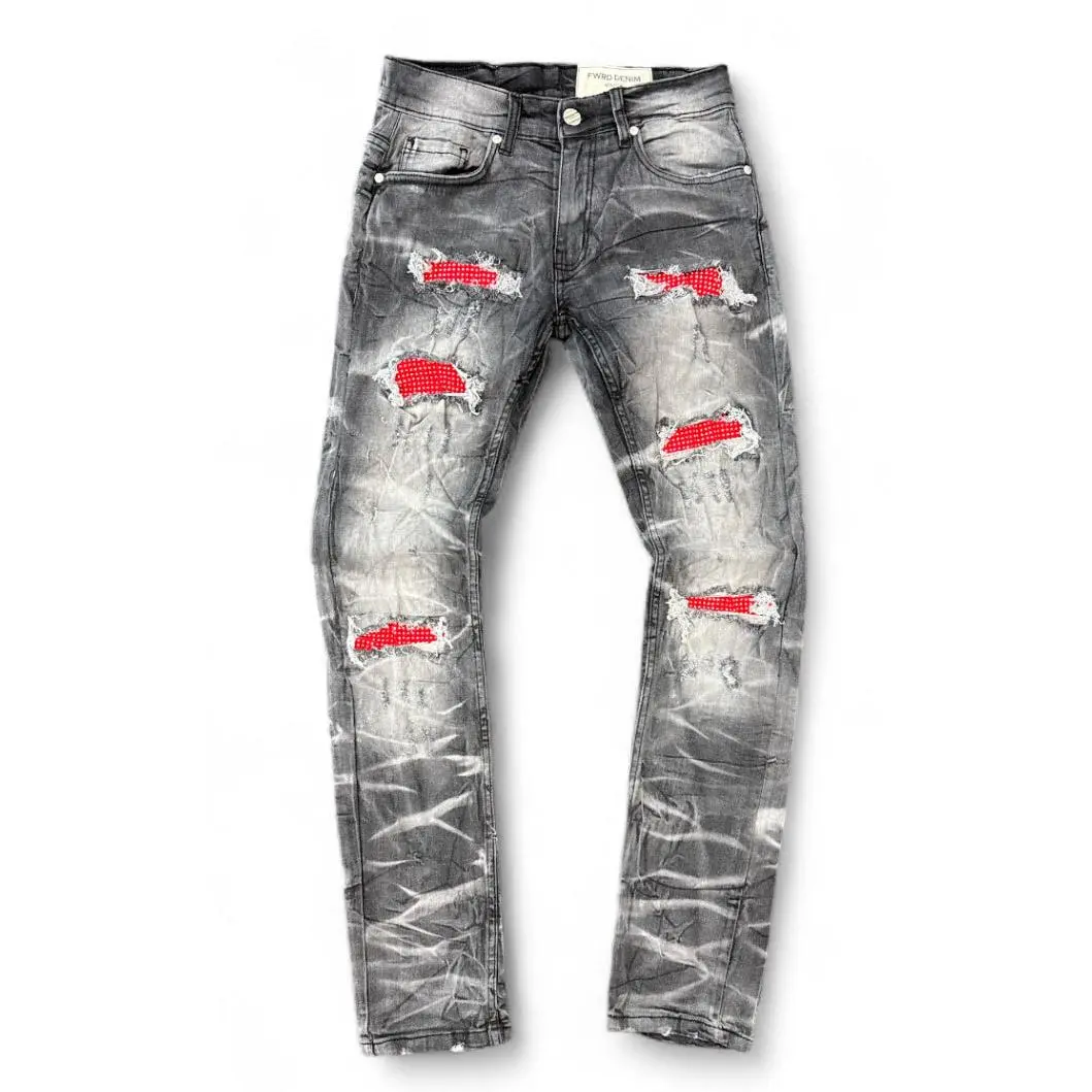 Men's FWRD 'Crystal' Washed Black-Red Denim Jeans, Style FW-330271, Menswear Bottoms Garment, Pants, Slim Cut