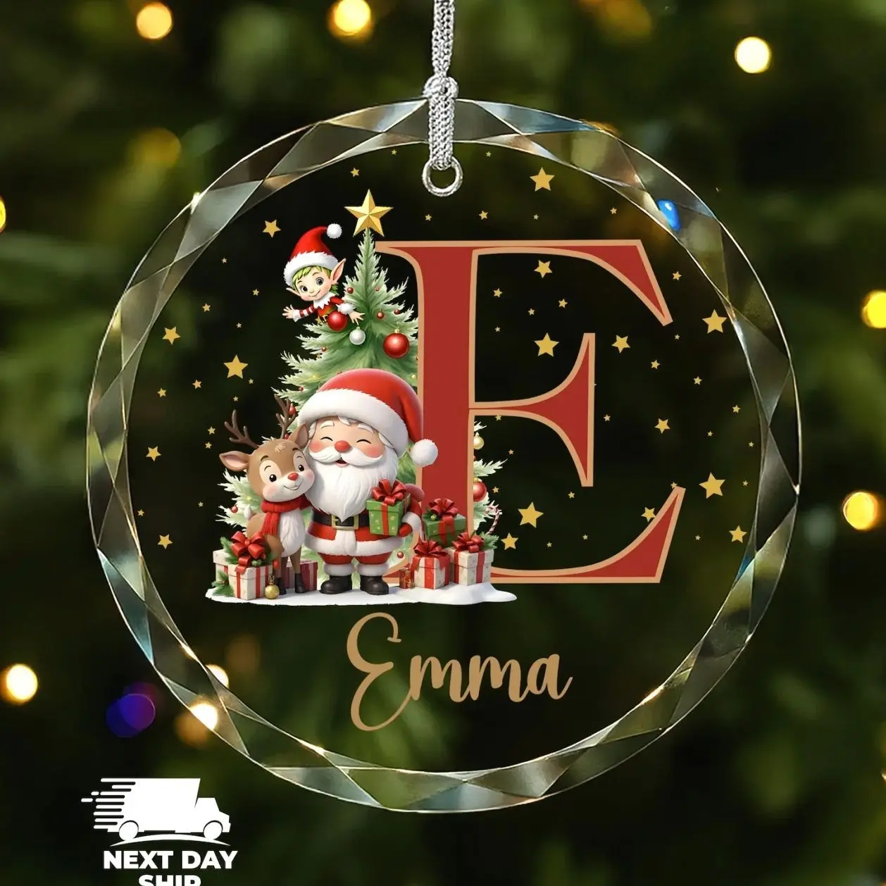 Custom Christmas Initial Glass Ornament, Cute Santa Ornament, Personalized Christmas Tree Decor