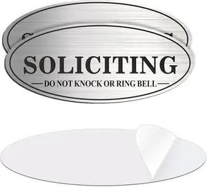 No Soliciting Sign, 2 Pack Self-Adhesive Aluminum Metal No Solitation Do Not Knock or Ring Bell Sign, 7.0 x 3.0 inches Fade Resistang Signs for Office and Home (Brushed Nickel/Black) Camera Decor