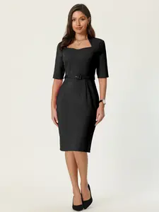 INSPIRE CHIC Women's Church Sheath Dresses with Belt Sweetheart Neck Formal Pencil Dress