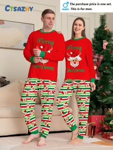 MEN/WOMEN Couple Christmas Long Sleeve Pants Homewear Pajamas Pajama Pants Set, Christmas Elk and Stripe Combination Printing Elements, Crew Neck Design, Christmas Set, Men's or Women's, Single Set