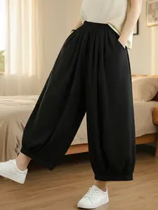 Elengatine Women's Black Harem Pants High Waisted Wide Leg Lantern Trousers with Pockets Casual Loose Baggy Balloon Capris Elastic Waistband Boho Hippie Beach Yoga Summer Pants Soft Cotton Linen Feel Streetwear Lounge Sweatpants GDK0043 Breathable