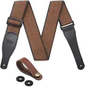 Acoustic Guitar Strap, Soft Cotton & Leather Ends Strap for Electric & Bass Guitars come with 1 Button & 2 Locks