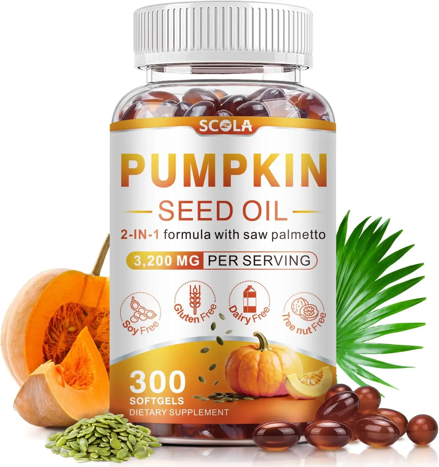Pumpkin Seed Oil with Saw Palmetto,3200mg/Serving,300 Softgels | Cold-Pressed with Essential Fatty Acids & Phytosterols ,Supports Hair , Immune,Bladder & Prostate Health ,Non-GMO