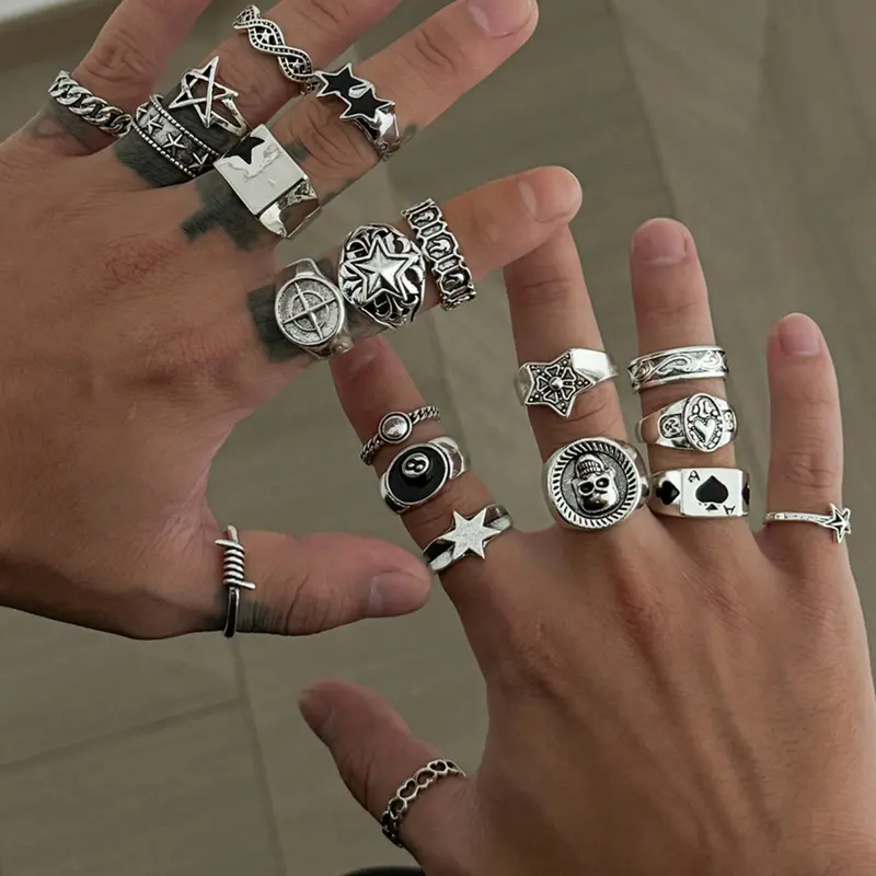 20-Piece Vintage Star Skull Ring Set, Dark Punk Joint Finger Rings, Fashion Rings, Jewelry Knuckle Rings, Knuckle Rings Set, Dark Aesthetic Statement Rings, Street Style Charm Accessories, All-Season, Holiday Gift