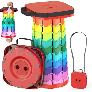 Upgraded Collapsible Portable Telescoping Folding Stool with 485lbs Max Load Square Retractable Stool for Camping Gardening Fishing Hiking BBQ [Rainbow+Red]