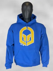 Spartan Appliqué Hoodie - Blue Pullover with Gold Glitter HTV & Adjustable Drawstring Hood