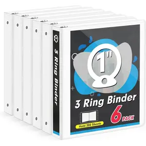 3 Ring Binder 1 Inch, 6 Pack 1-Inch Binder Fits Letter Size 8.5'' x 11'' Paper, Versatile Binders for Office Home School, 2 Pockets, White