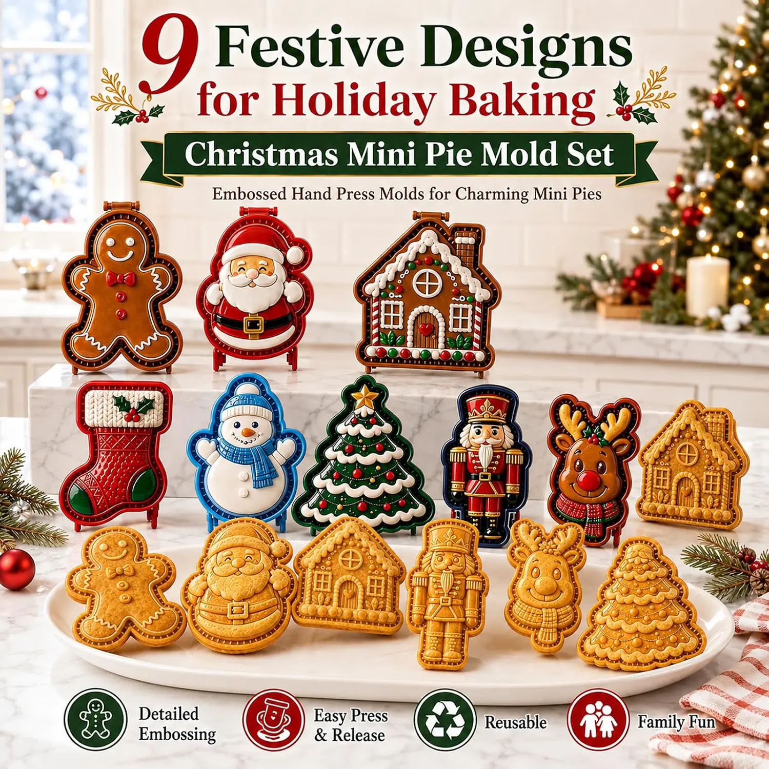 9pcs Christmas Cookie Cutter Set - Reusable Holiday Bakeware Molds with Santa, Gingerbread, Snowman, Tree Designs for Christmas Party Dessert Decoration