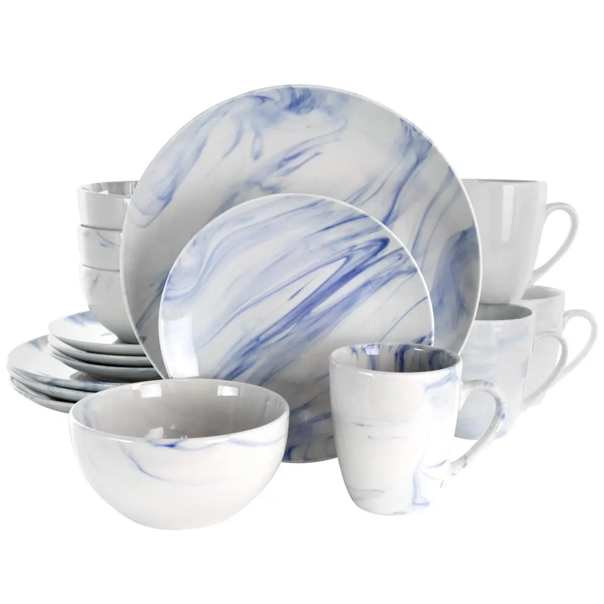 212 MAIN 16-Piece Fine Marble Stoneware Tableware Set - Includes Dishes, Plates, Blue & White Kitchen Dinnerware, Dish