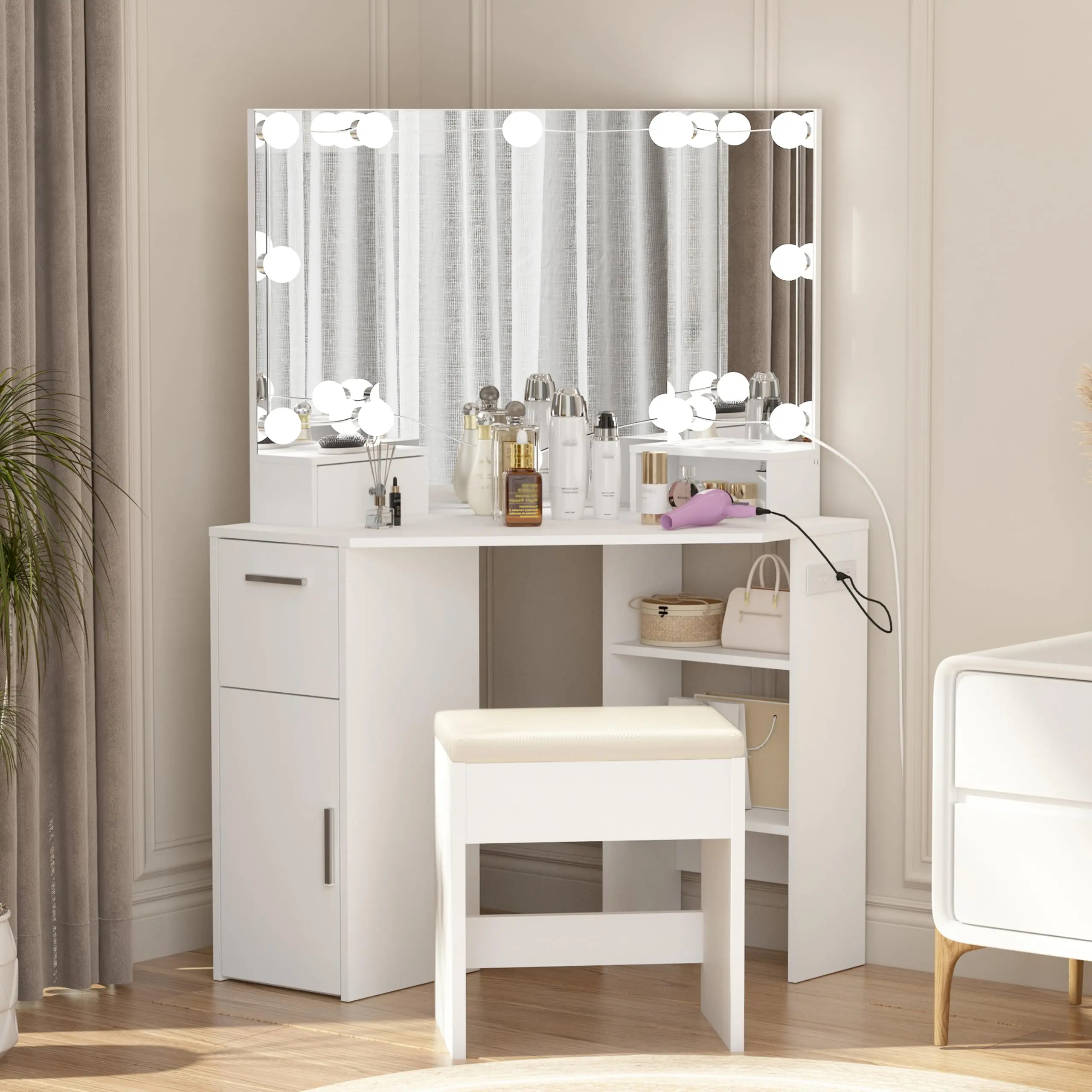 Gaomon White Modern Corner Dressing Table with Mirror, Built-In Power Outlet Charging Area, 3 Lighting Colors, 12 Bulbs, 4 Drawers, Easy Setup & Anti-Tip Base for Bedroom