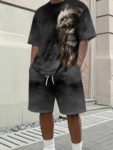 Men's Spring and Summer Casual Short-Sleeve Set, 3D Flame Eagle Head Full-Print Trendy Fashion Short-Sleeve Set, Vacation Style Trendy Outfit, Breathable Sports Leisure Style, Perfect Festival Gift for Men