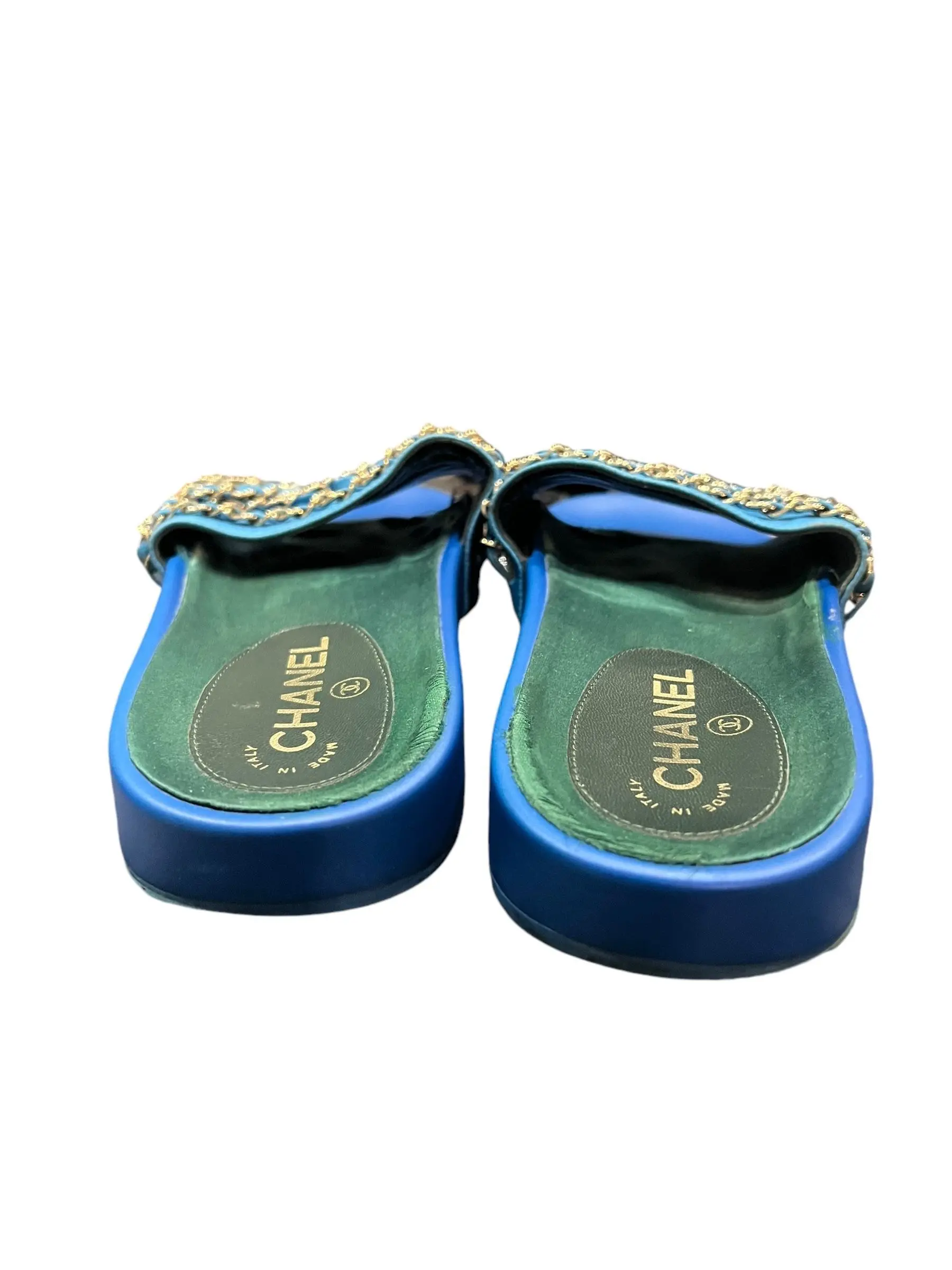 CHANEL: French Blue, Canvas Chain & Interlocking CC Logo Flat