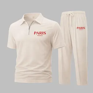 Men's PARIS FRANCE Letter Print Waffle-Knit Polo Shirt Set, Short-Sleeve Zip-Up Collar Top with Matching Athletic Trousers, Casual Sportswear Outfit